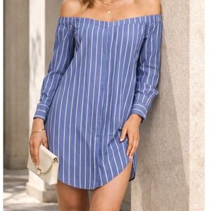 Equipment Femme Shirt Dress Womens Medium Blue White Striped Off Shoulder Cotton